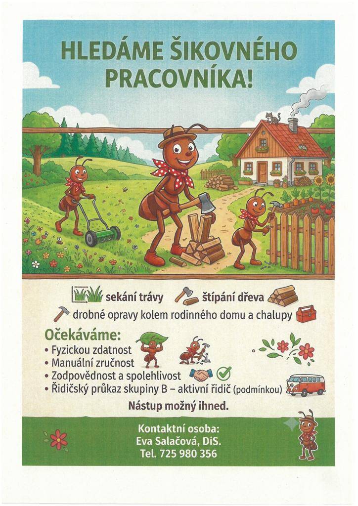 Obec Velký Osek hledá šikovného pracovníka, který se bude zabývat sekáním trávy, štípáním dřeva a drobnými opravami. Očekáváme, že uchazeč bude fyzicky zdatný, manuálně zručný a zodpovědný. Součástí požadavků je také aktivní řidičský průkaz skupiny B.