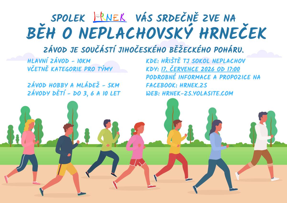 Běh o Neplachovský hrneček se bude konat v pátek 17. července 2026 od 17:00 hodin. Více info viz leták a přiložené propozice.