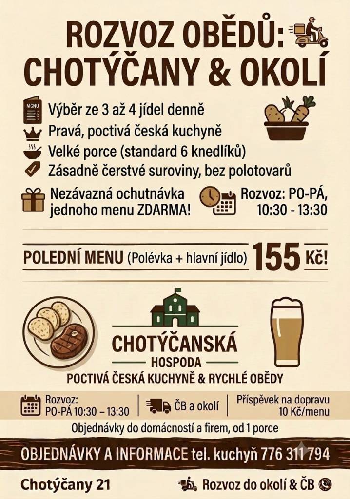 Rozvoz PO - PÁ 10:30 - 13:30. Polední menu (polévka + hlavní jídlo) za 155,- Kč. Příspěvek na dopravu 10Kč/menu. Objednávky do domácností i firem, již od 1 porce! Objednávky a informace - tel. kuchyň 776 311 794.
