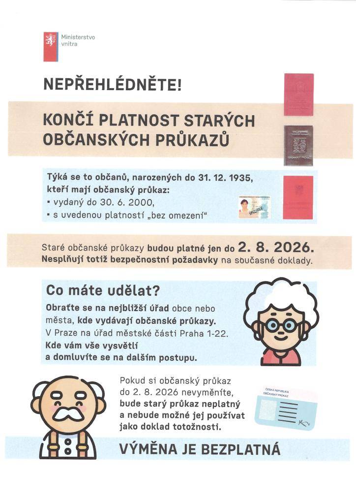 Týká se občanů narozených do 31.12.1935, kteří mají občanský průkaz vydaný do 30.6.2000 nebo mají uvedenou platnost ,, bez omezení ,,. Staré občanské průkazy budou platné jen do 2.8.2026.