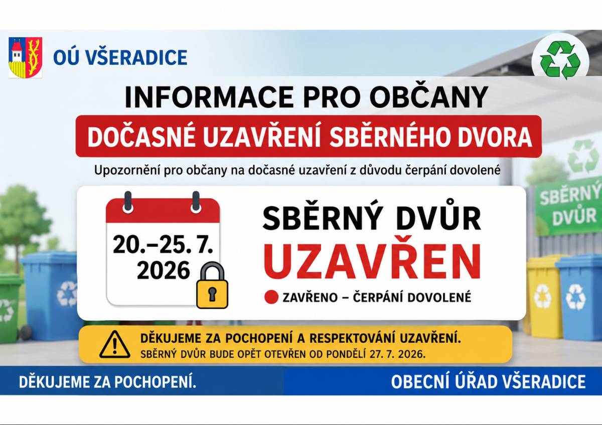 Obecní úřad Všeradice informuje občany, že z důvodu čerpání dovolené bude sběrný dvůr od pondělí 20. 7. do soboty 25. 7. (včetně) uzavřen.  Provoz bude opět obnoven v pondělí 27. 7. v běžné provozní době.  Děkujeme za pochopení a omlouváme se za případné komplikace.