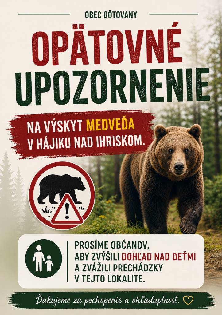 Upozornenie na výskyt medveďa v hájiku nad ihriskom