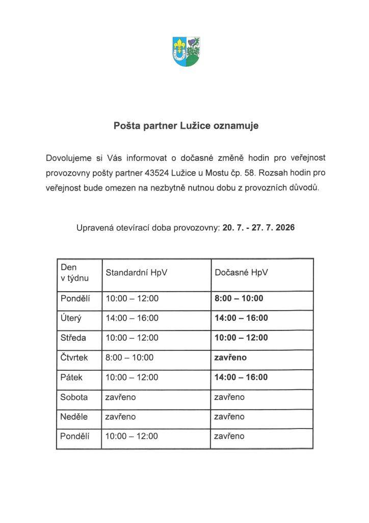 Dočasná změna hodin pro veřejnost provozovny Pošta Partner v Lužicích.