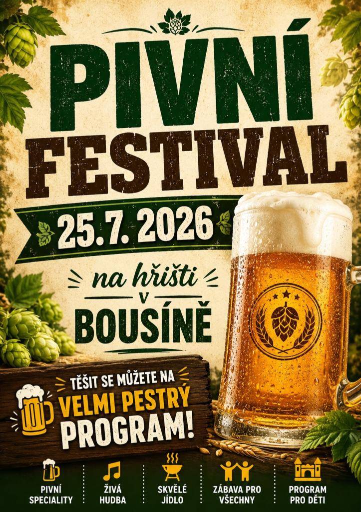 Pivní festival se uskuteční 25. července 2026 na hřišti v Bousíně. Návštěvníci se mohou těšit na pestrý program, který zahrnuje pivní speciality, živou hudbu a chutné jídlo. Akce je vhodná pro všechny věkové kategorie, včetně mladých lidí, pro které bude připraven speciální program.