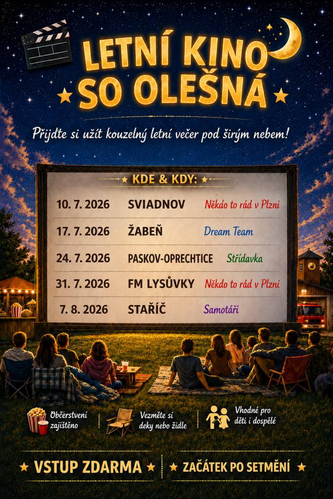 Dobrovolný svazek obcí Olešná Vás srdečně zve na letní kino, které se bude konat v pátek 24. července na Hasce v Oprechticích.    Promítání začíná po setmění.