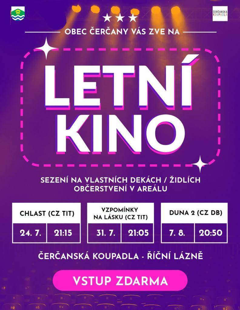 Letní kino v Čerčanech na koupadlech hraje v pátky 24.7., 31.7. a 7.8. Vstup zdarma.