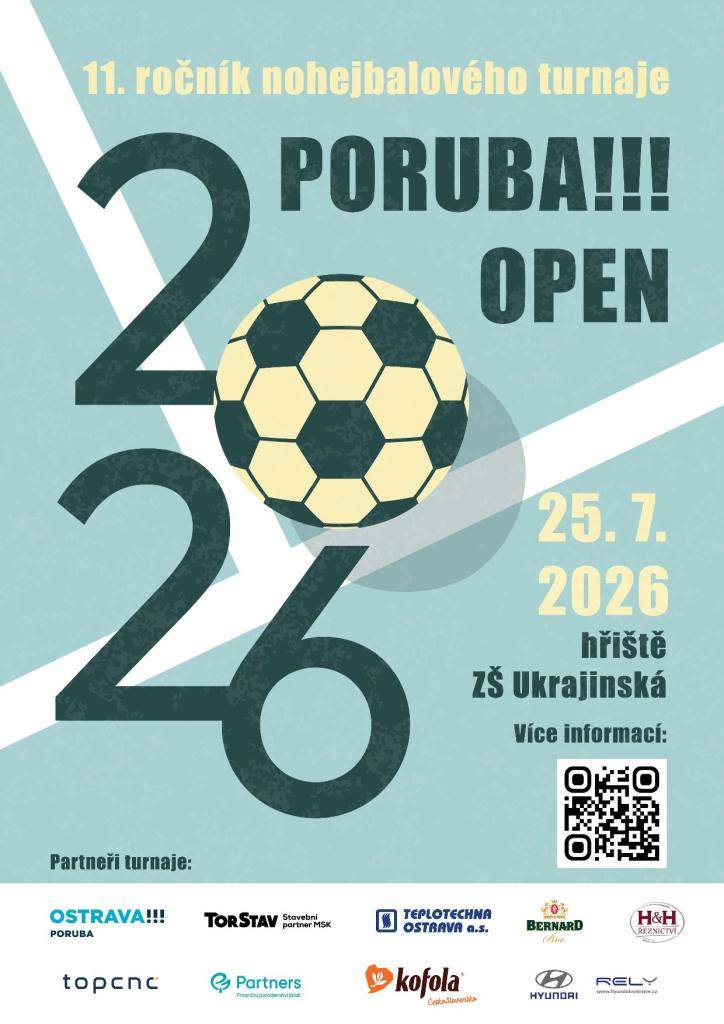 Sportovní nadšenci, hráči i fanoušci nohejbalu,  srdečně vás zveme na 11. ročník nohejbalového turnaje PORUBA OPEN 2026, který se uskuteční v sobotu 25. července 2026 na hřišti ZŠ Ukrajinská.