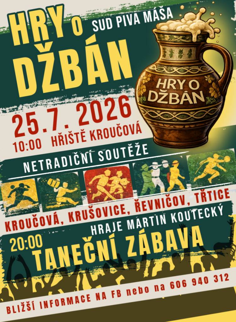 Zveme všechny na druhý ročník netradiční sportovní soutěže Hry o džbán, tentokrát do Kroučové.  Od 20:00 taneční zábava, hraje Martin Koutecký.