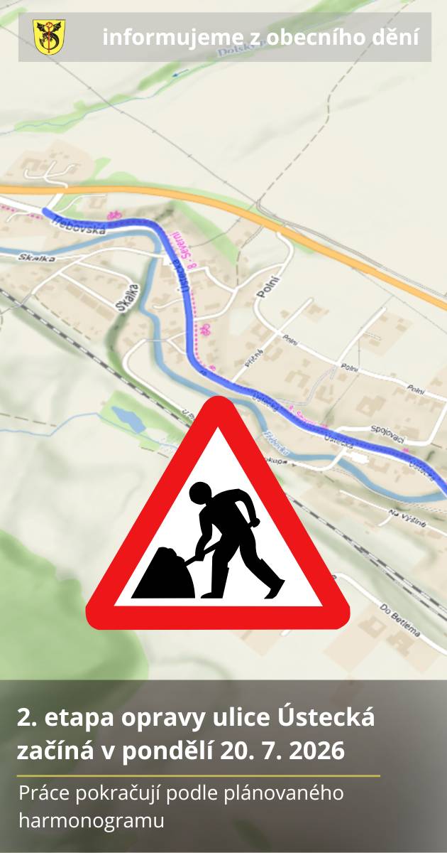 V neděli 19. července budou dokončeny práce první etapy opravy ulice Ústecká. Již v pondělí 20. července ráno naváže druhá etapa, která začne frézováním vozovky a dalšími stavebními pracemi. Jednat se bude o úsek od prodejny Konzum po dolní konec obce. Předpokládaný harmonogram zůstává beze změny a při příznivém počasí by měla být celá oprava dokončena v sobotu 1. srpna. O finální pokládce nového asfaltového povrchu vás budeme včas informovat. Prosíme řidiče i ostatní účastníky provozu, aby podle možností využívali již dokončený úsek komunikace a respektovali přechodné dopravní značení. Druhá etapa je z hlediska prostoru i organizace stavby náročnější a vzájemná ohleduplnost pomůže k plynulému průběhu prací. Děkujeme všem za dosavadní trpělivost, respektování omezení i spolupráci při dokončení této důležité investice.