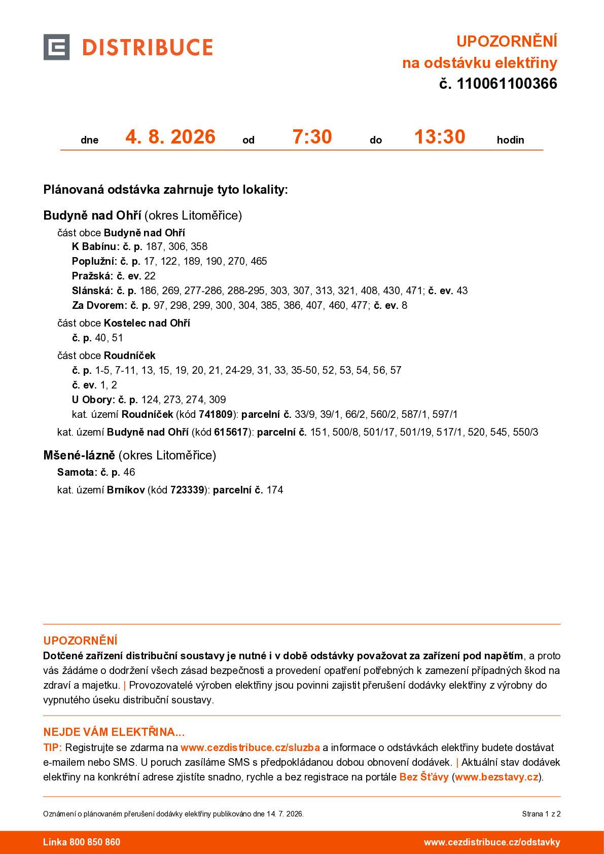 Čez Distribuce, a.s., oznamuje: