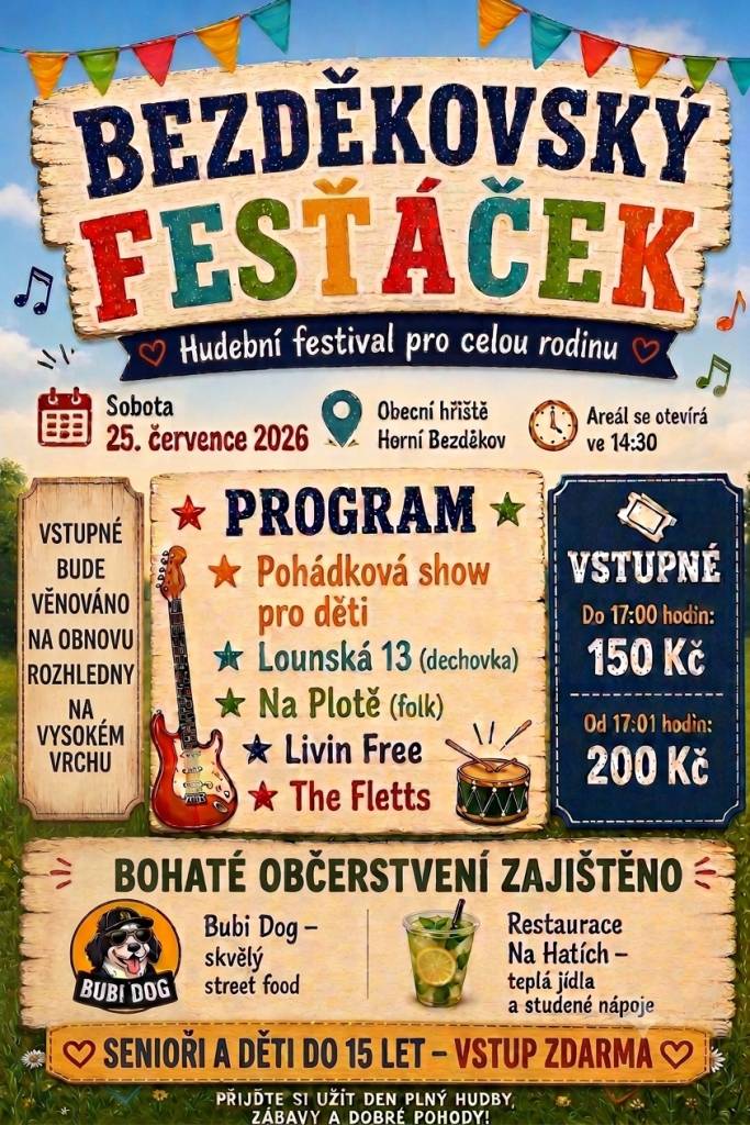 Bezděkovský fesťáček je hudební festival zaměřený na rodiny, který nabízí bohatý program pro všechny věkové kategorie. Přijďte 25.7. 2026 do Horního Bezděkova na nezapomenutelný zážitek plný hudby a zábavy.