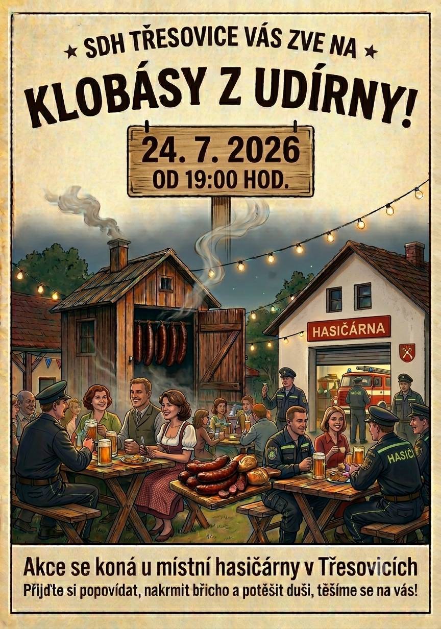 Sbor dobrovolných hasičů Třesovice zve občany na akci "Klobásy z udírny" v pátek 24. července 2026 od 19:00 hodin u hasičárny v Třesovicích.  Přijďte si dát něco dobrého k jídlu a pití.