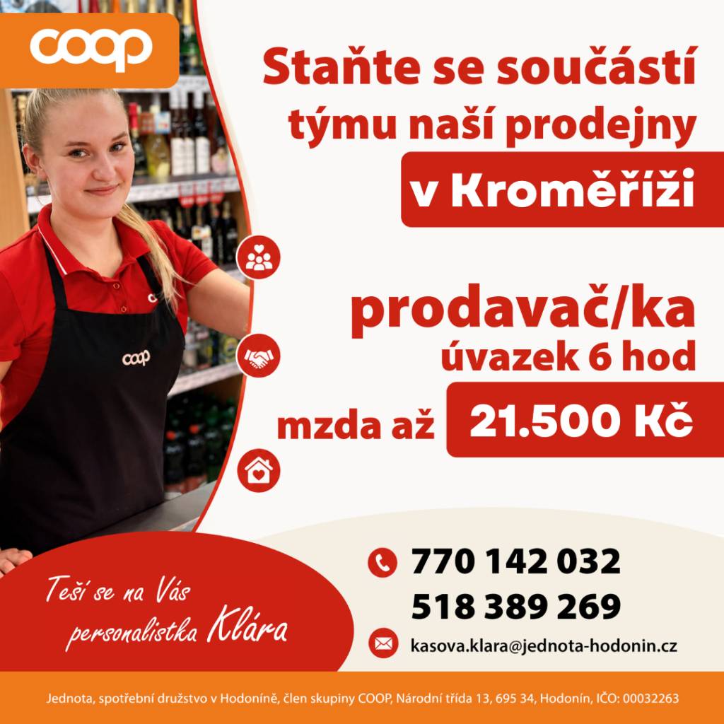 Jednota, spotřební družstvo v Hodoníně hledá pro své prodejny v Kroměříži prodavače/prodavačky. Informace přímo na prodejnách nebo na telefonním čísle 518 389 269, případně můžete navštívit i webové stránky www.jednota-hodonin.cz/nabidka-prace.