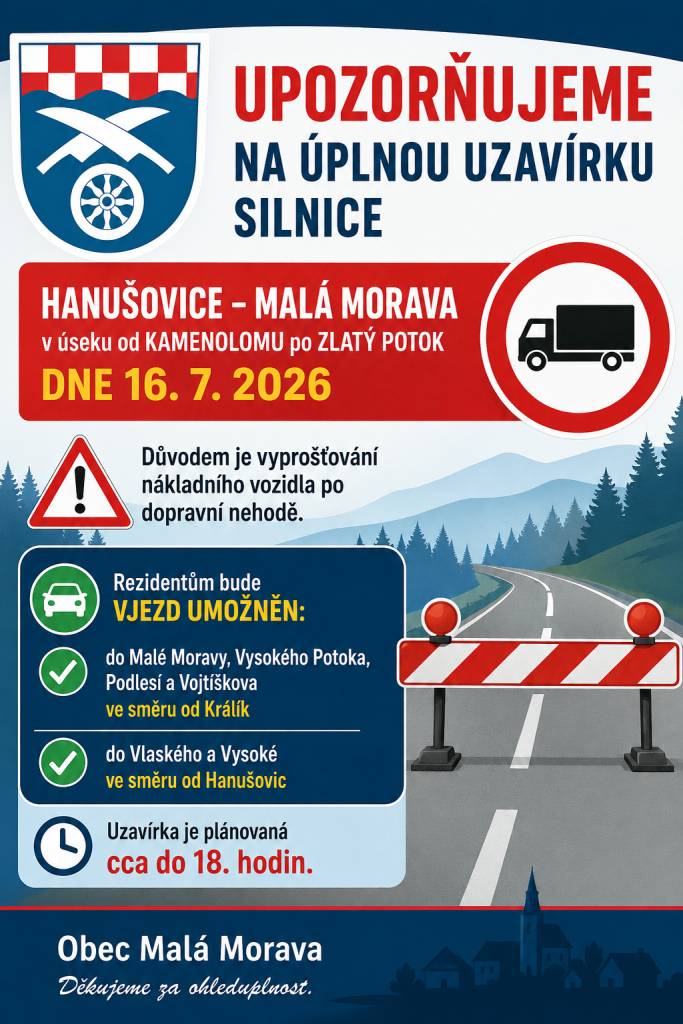Mimořádná úplná uzavírka silnice Hanušovice - Malá Morava
