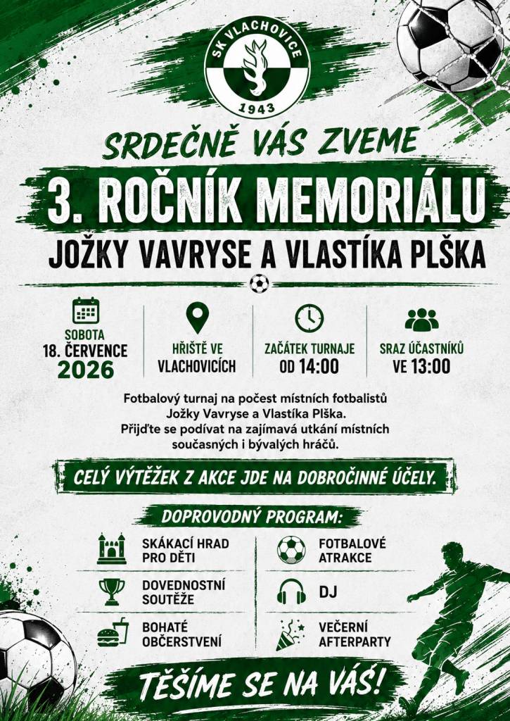 v sobotu 18.7. od 14:00  Přijďte se podívat na 3. ročník fotbalového turnaje, který se koná na počest místních fotbalistů Jožky Vavryse a Vlastíka Plška. Můžete se těšit na zajímavá utkání, kde se utkají současní i bývalí hráči. Celý výtěžek z akce bude darován na dobročinné účely.