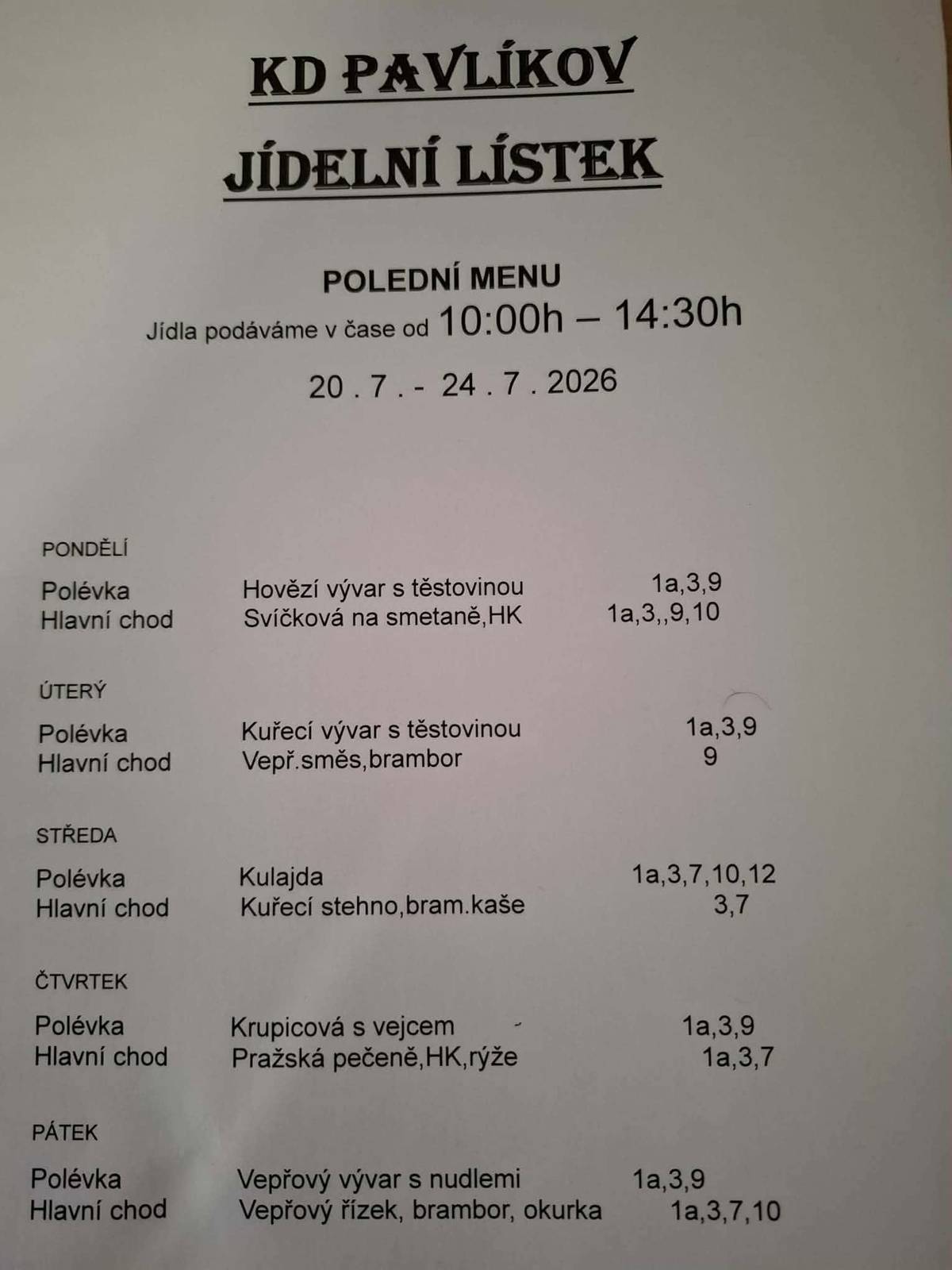 Jídelní lístek KD Pavlíkov od 20.7.do 24.7.2026