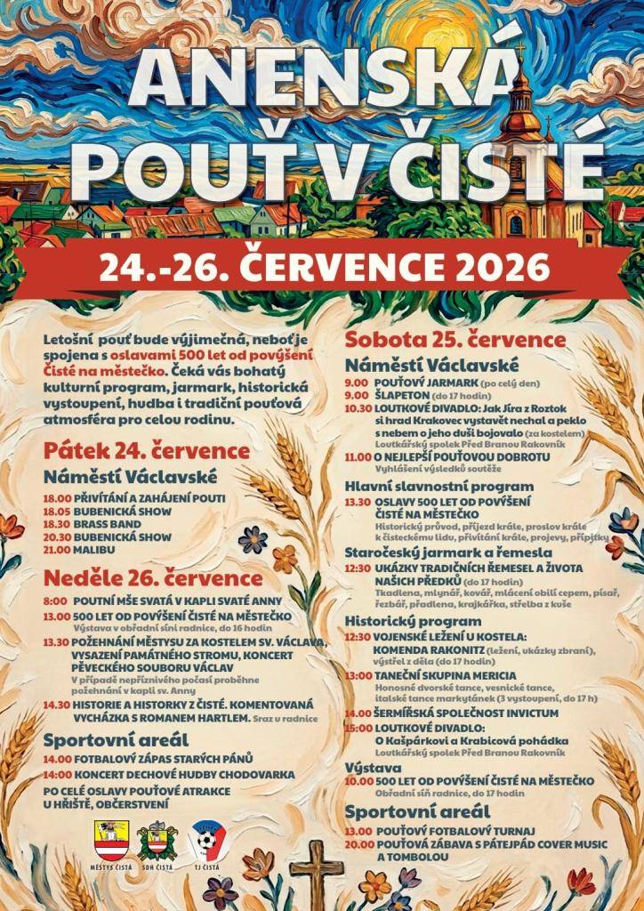 Od pátku 24. 7. 2026 do neděle 26. 7. 2026 je pro Vás připraven bohatý 3-denní program Anenské pouti.    PS: Stany se budou stavět v pátek 24. 7. 2026 od 13hodin.  Kdo můžete, přijďte na pomoc.