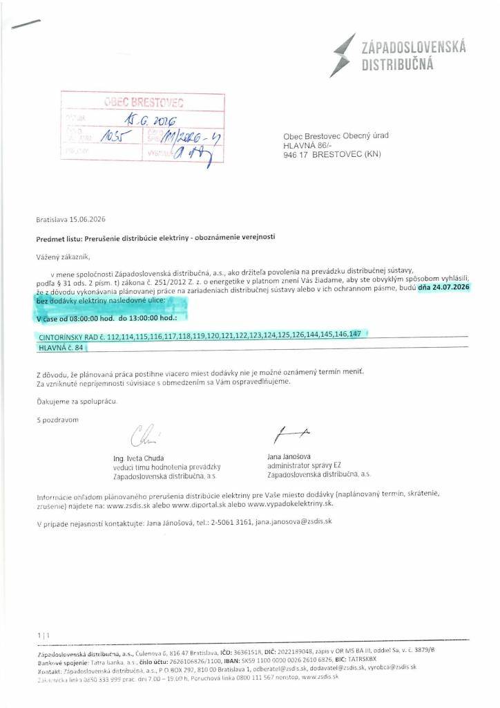 Prerušenie distribúcie elektriny dňa 24.7.2026