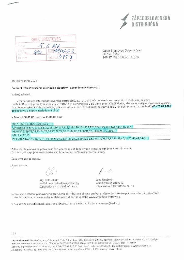 Prerušenie distribúcie elektriny dňa 23.7.2026