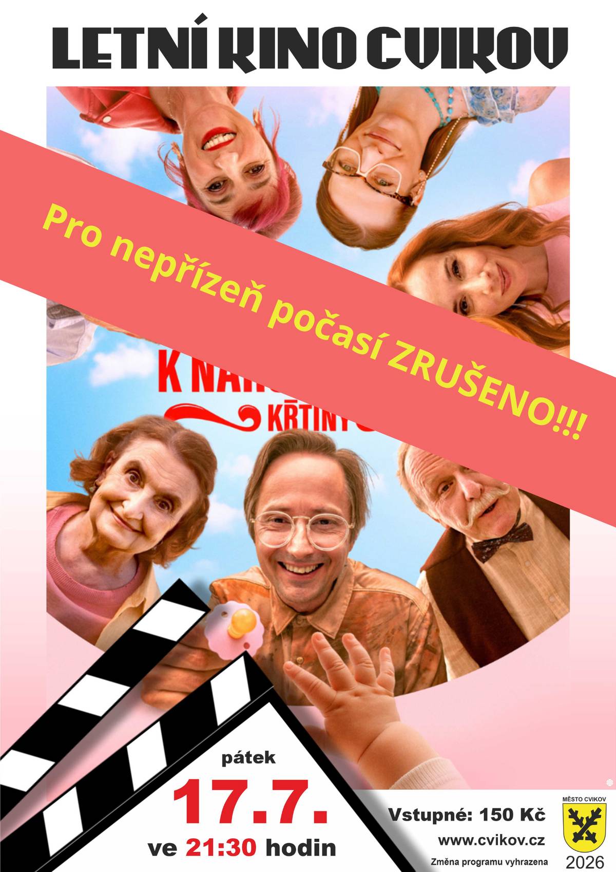 Kvůli nepříznivé předpovědi bude dnešní promítání v letním kině ve Cvikově zrušeno. Děkujeme za pochopení.