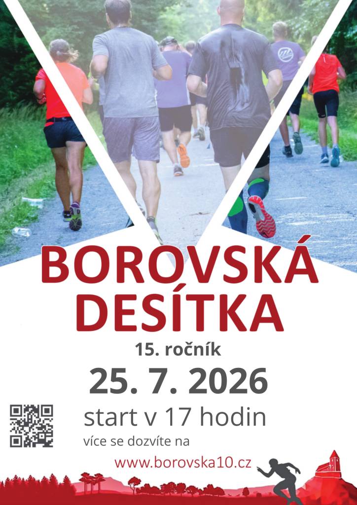 Přijměte pozvání na 15. ročník běhu Borovská desítka, který se uskuteční v sobotu 25. července 2026. Výběh hlavního závodu je v 17 hodin. Těší se na vás pořadatelé!