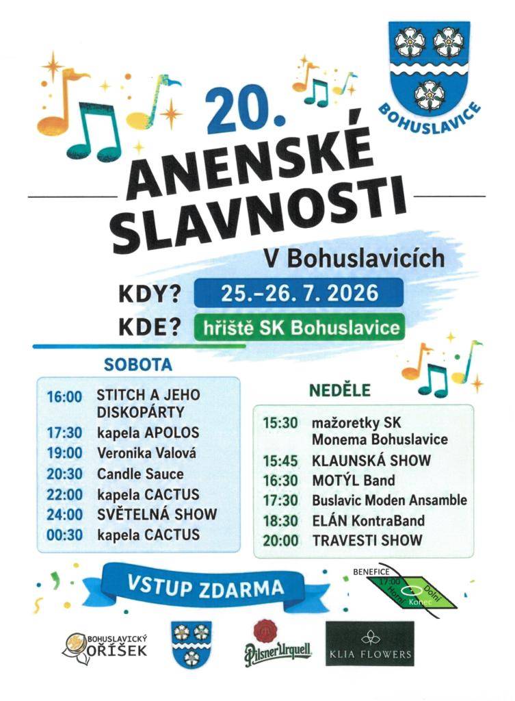 Obec Bohuslavice srdečně všechny zve na 20. ročník Anenských slavností, které se konají ve dnech 25.7. - 26.7.2026 na hřišti v Bohuslavicích.