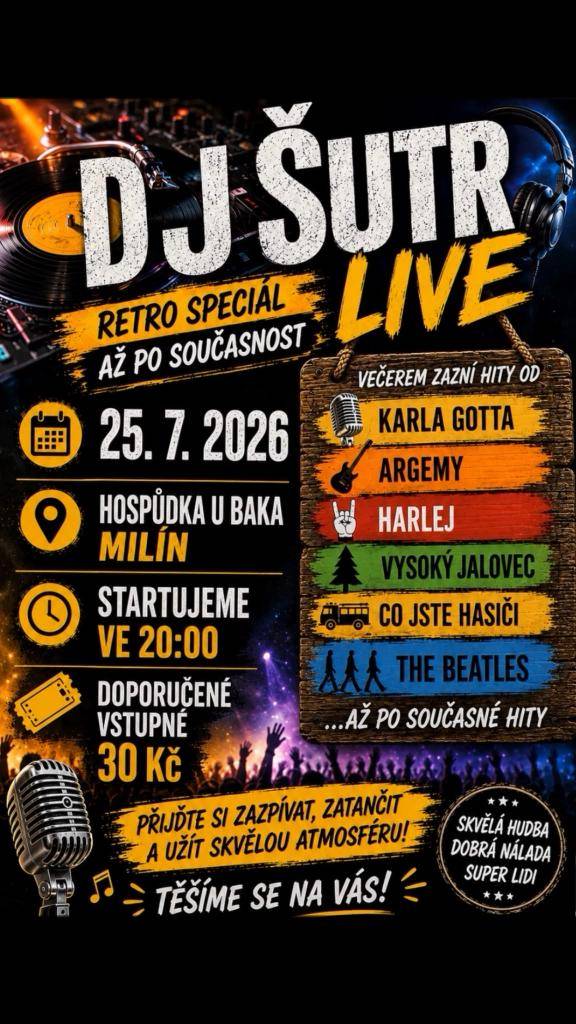 Přijďte si zazpívat, zatančit a užít skvělou atmosféru. Večerem zazní hity od Karla Gotta, Argemy, Harlej, The Beatles,...nebo třeba Vysoký jalovec, Co jste hasiči, a další, až po současnost.
