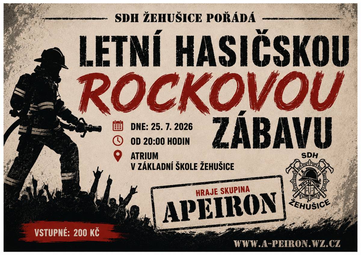 Přijďte se pobavit na Letní Rockovou zábavu, kterou pořádá SDH Žehušice. Akce se koná 25. července 2026 od 20:00 hodin v základní škole Žehušice.