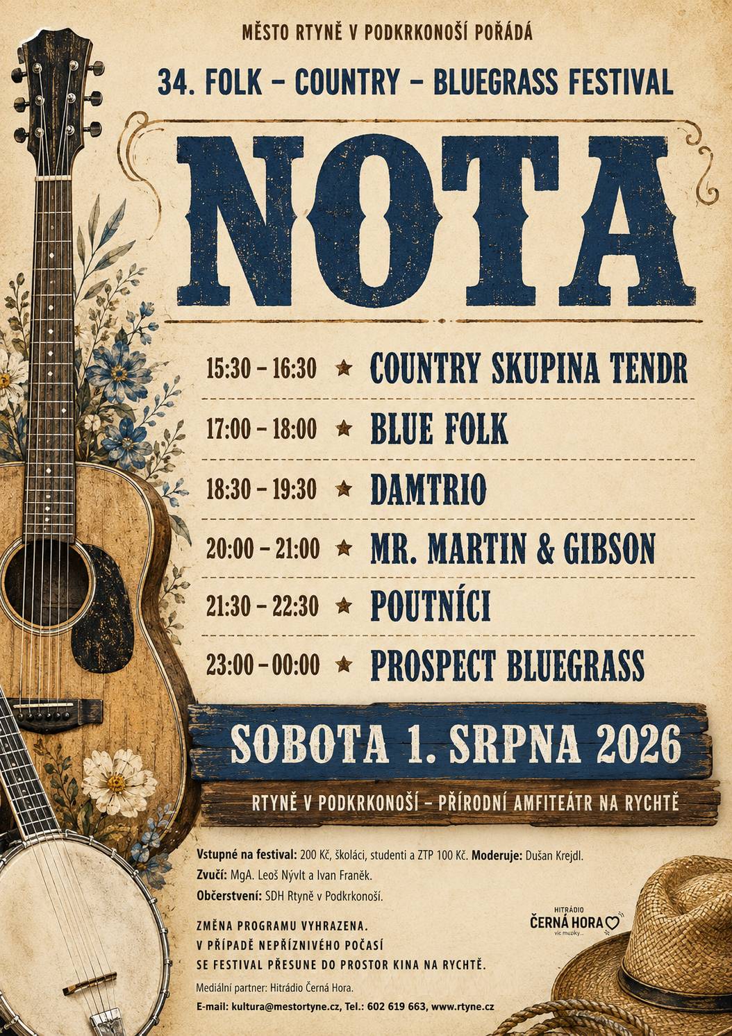 Město Rtyně v Podkrkonoší vás srdečně zve na 34. ročník festivalu NOTA, tradiční přehlídku folkové, country a bluegrassové hudby, která se uskuteční v sobotu 1. srpna 2026 v přírodním amfiteátru Na Rychtě. Na pódiu se představí Country skupina Tendr, BLUE FOLK, DAMTRIO, Mr. Martin & Gibson, Poutníci a závěr večera bude patřit skupině Prospect Bluegrass. V případě nepříznivého počasí bude program přesunut do prostor kina Na Rychtě. Festival moderuje Dušan Krejdl a o profesionální ozvučení se postarají MgA. Leoš Nývlt a Ivan Franěk. Občerstvení zajistí SDH Rtyně v Podkrkonoší. Vstupenky zakoupíte na místě.