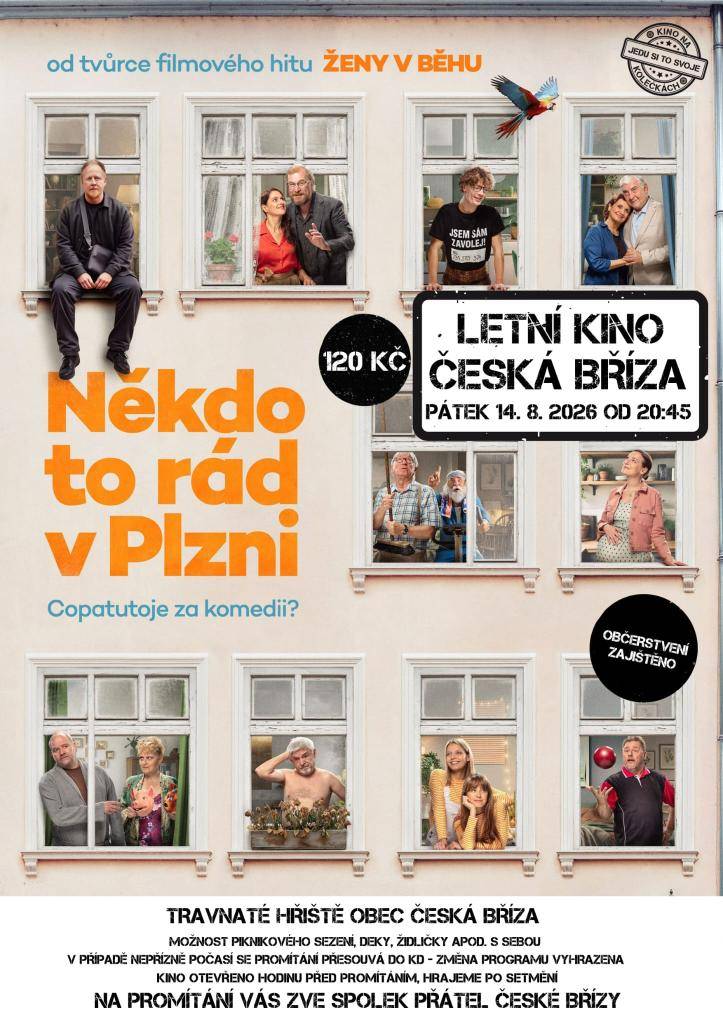 Srdečně zveme do letního kina na hřiště Česká Bříza v pátek 14. 8. 2026od 20:45. Vstupné 120,- Kč
