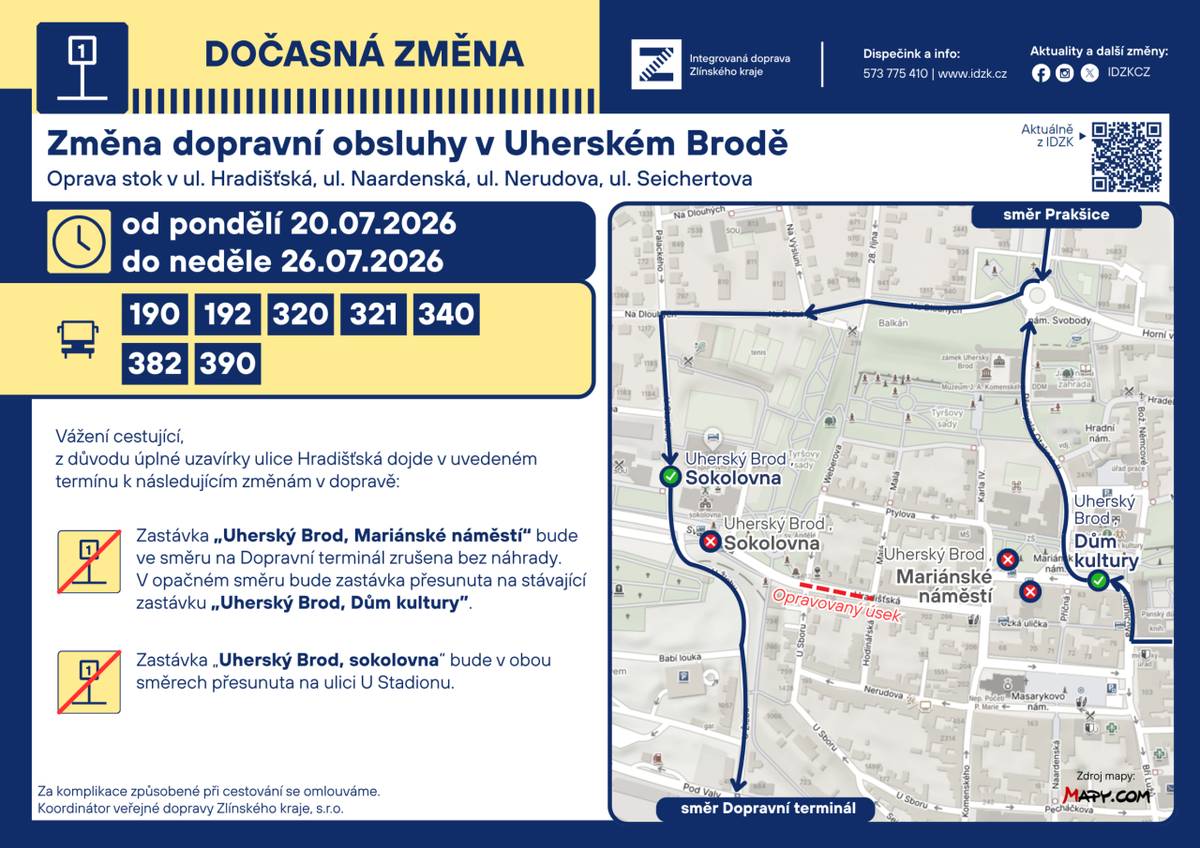 Z důvodu úplné uzavírky ulice Hradišťská v Uh.Brodě dojde v termínu 20. - 26.7.2026 ke změnám v dopravě viz. přiložený infoleták.
