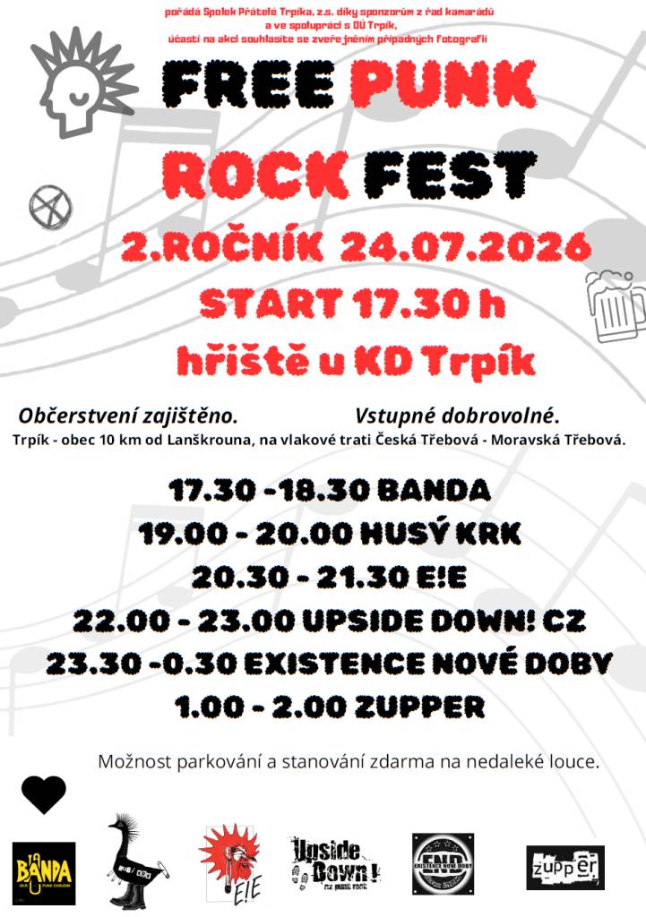 V sobotu 24. července 2026 v 17:30 začne na hřišti u KD Trpík 2. ročník Free Punk Rock Festu. Akce je pořádána spolkem Přátelé Trpíka, z.s. a za podpory OÚ.
