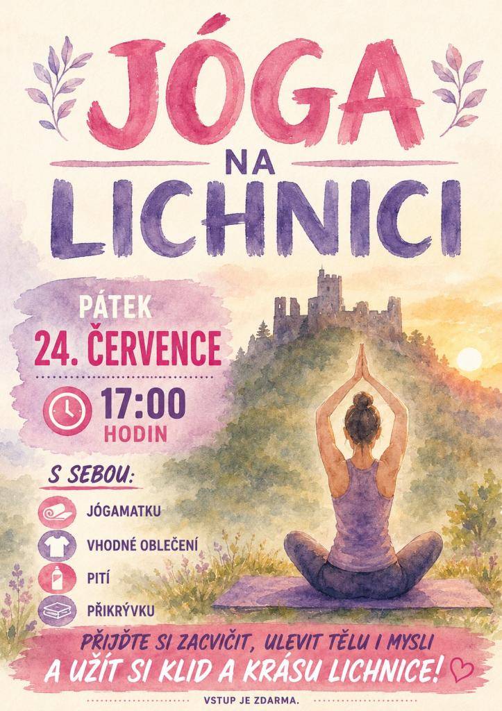 Přijďte si zacvičit, ulevit tělu i mysli. Začátek v 17:00 hodin, s sebou jógomatku, vhodné oblečení, pití, případně přikrývku, vstup zdarma.