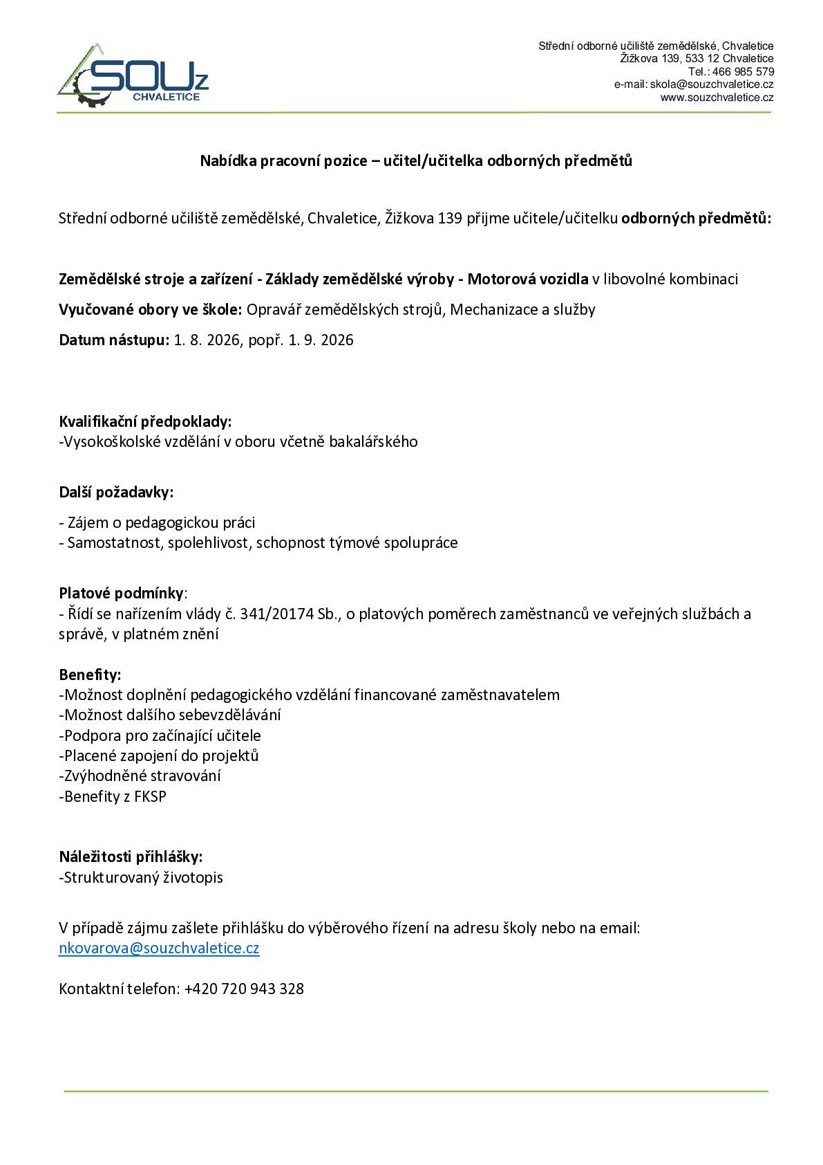 Nabídka práce SOUz Chvaletice - učitel/učitelka odborných předmětů