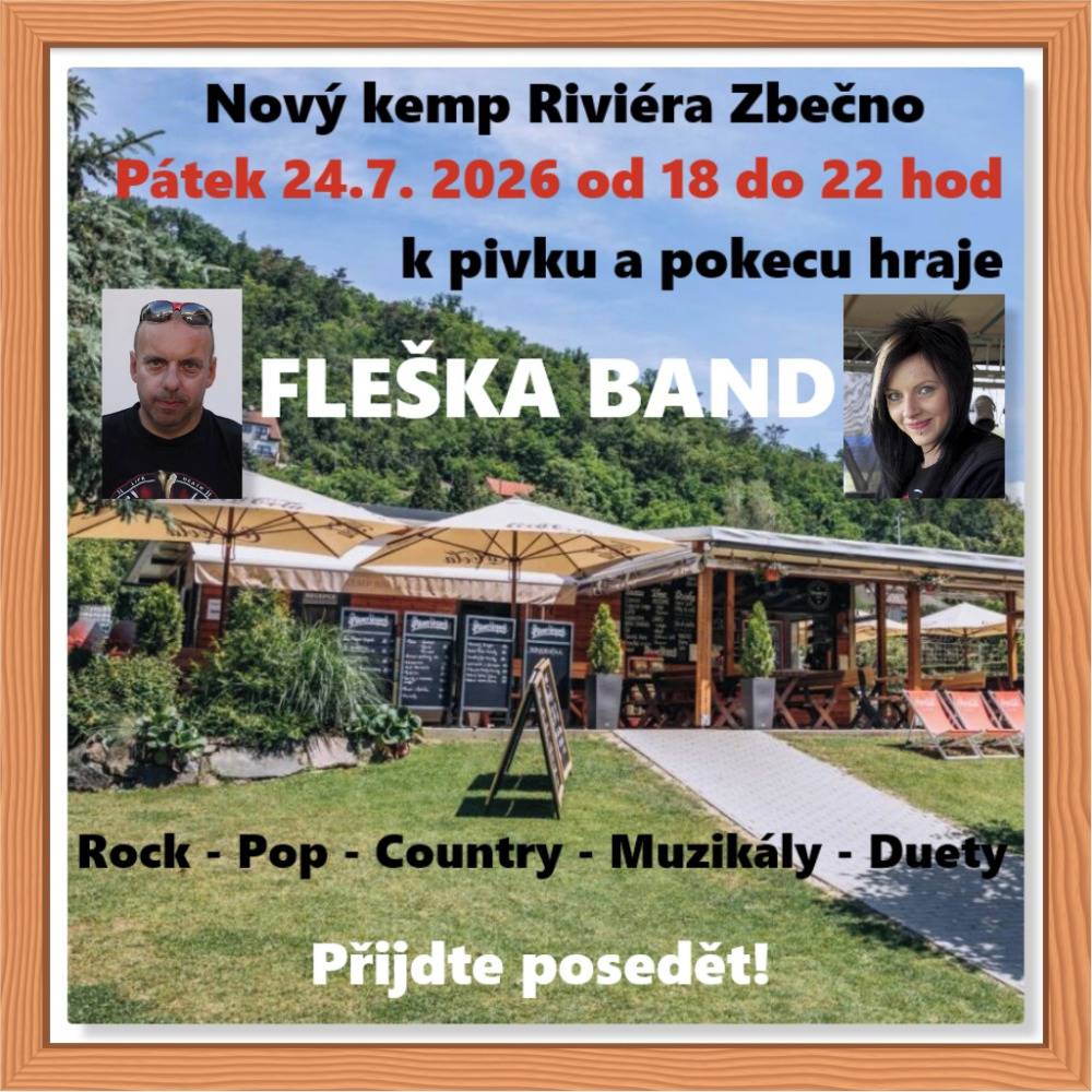 Přijďte na akci do nového kempu Riviéra Zbečno, která se uskuteční v pátek 24. července 2026, od 18:00 do 22:00. Těšit se můžete na výborné pivo, příjemné prostředí a skvělou hudbu od FLEŠKA BAND.