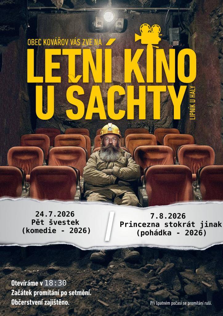 Přijďte se podívat na českou komedii Pět švestek a nenechte si ujít vystoupení kovářovské kapely Konťák na plast.  Občerstvení zajištěno.  Vstupné dobrovolné.