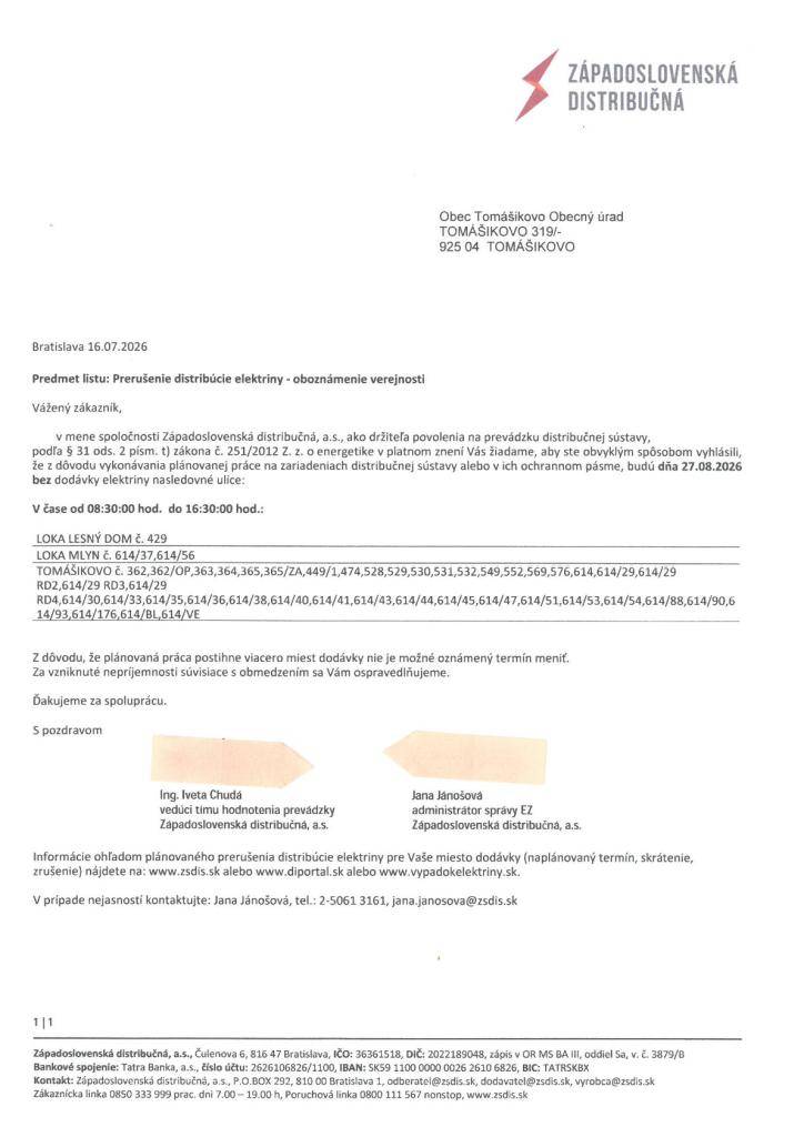 Plánované prerušenie distribúcie elektriny dňa 27.augusta 2026 - Áramszünet 2026.augusztus 27-é