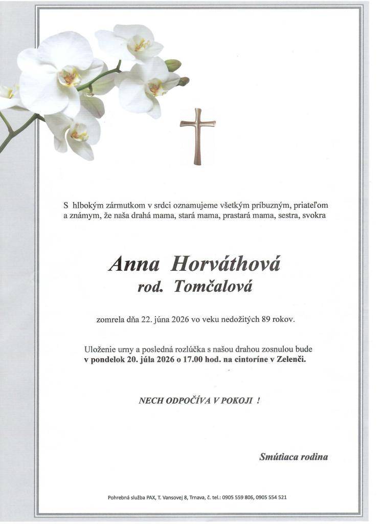 p. Anna Horváthová, rod. Tomčalová