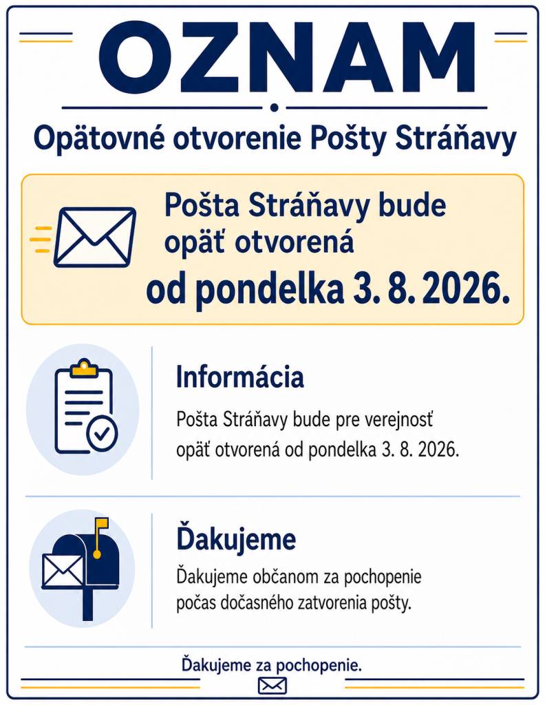 Pošta Stráňavy bude od 3.8.2026 opäť otvorená, v platných hodinách pre verejnosť.