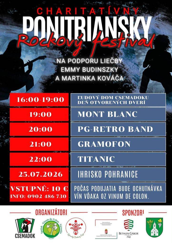 Pozývame vás dňa 25. 7. 2026 na charitatívny rockový festival do Pohraníc. Pri dobrej hudbe a ochutnávke vína podporíte liečbu Emmy a Martina. Tešíme sa na vašu účasť!