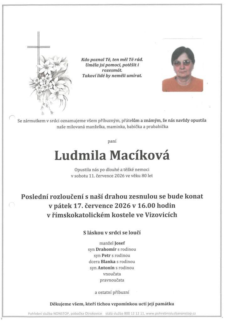 rozloučení 17.července 2026 v 16hodin  římskokatolický kostel Vizovice