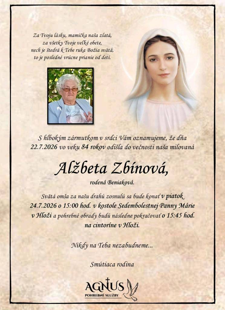 Zbínová Alžbeta, rod. Beniaková- júl 2026