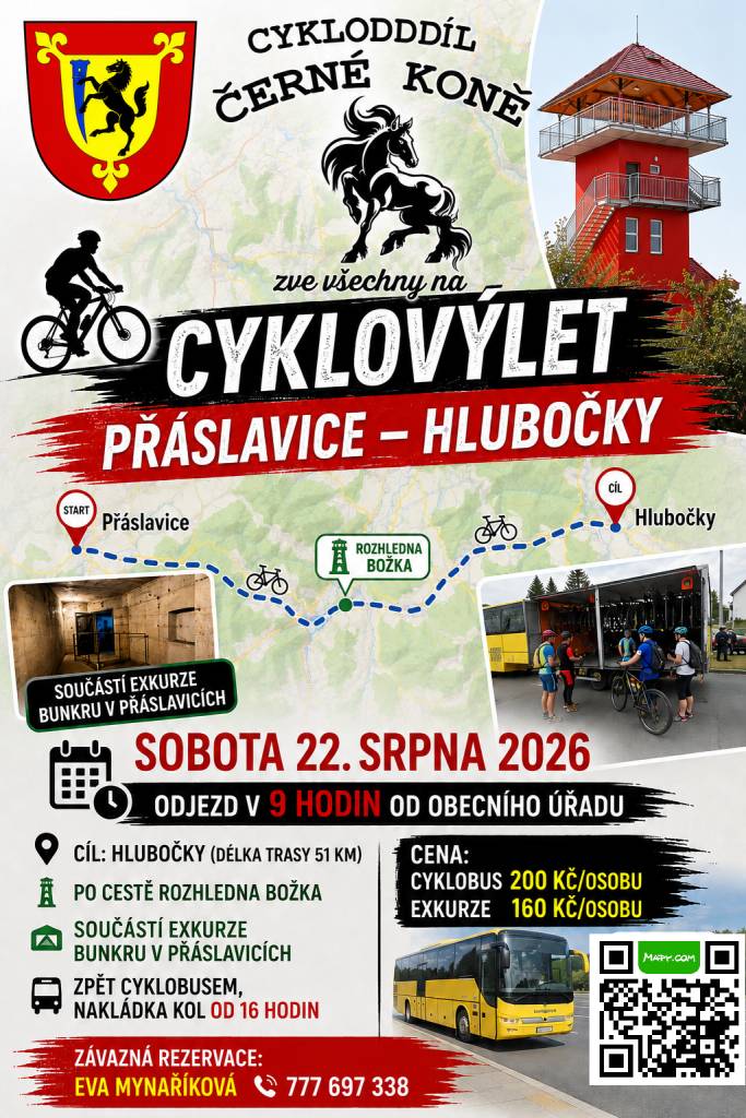 Cyklooddíl Černé koně zvou na cyklovýlet do Hluboček s návratem zpět cyklobusem - sobota 22.srpna.