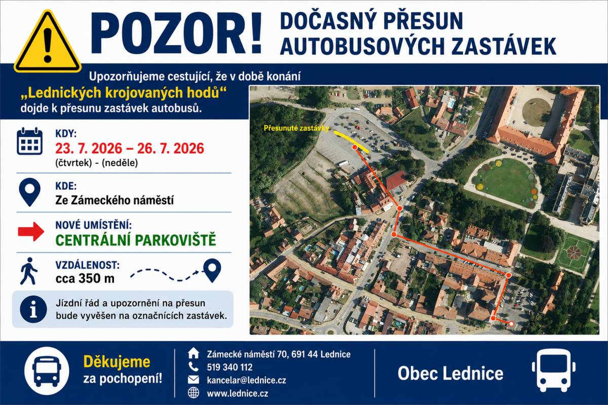 Přesun zastávek Lednice, uzavření parkoviště hody