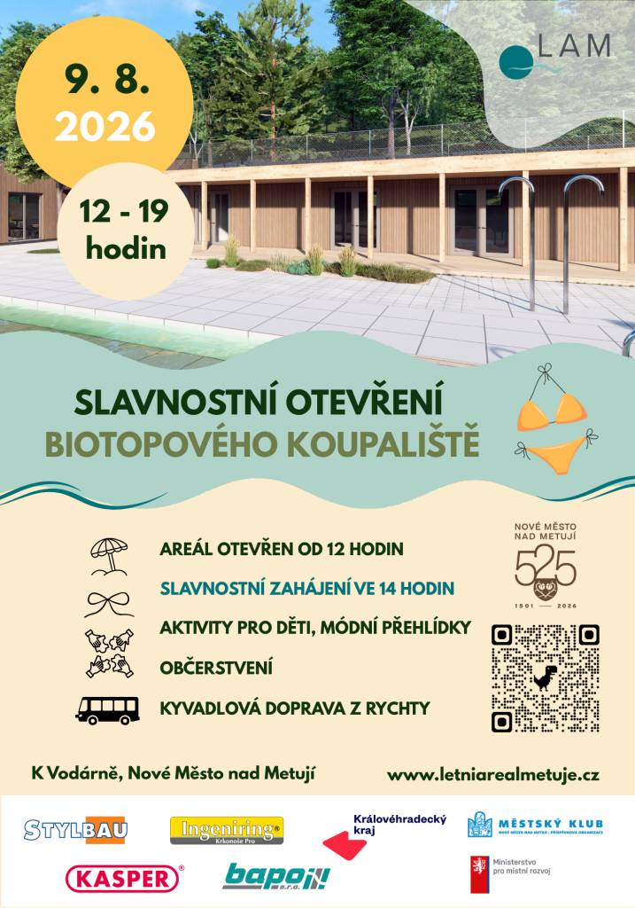 Nové Město nad Metují zve na slavnostní otevření biotopového koupaliště  9. srpna 2026