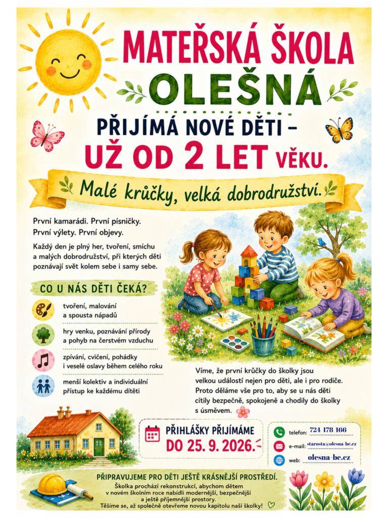 Příjem nových dětí do MŠ Olešná