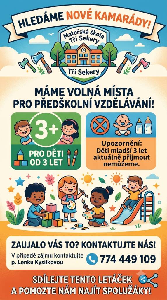 V našem předškolním zařízení máme volná místa pro děti od 3 let.
