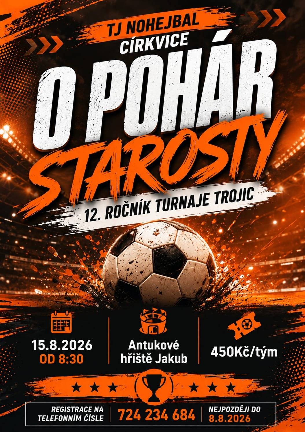 TJ nohejbal Církvice vás srdečně zve na tradiční sportovní akci. V sobotu 15. srpna 2026 se na antukovém hřišti v Jakubě uskuteční již 12. ročník turnaje trojic „O POHÁR STAROSTY“. Začátek turnaje je naplánován na 8:30 hodin ráno. Přijďte podpořit místní sportovce nebo se sami zúčastněte! Startovné činí 450 korun za tým. Zájemci o hru se mohou registrovat nejpozději do 8. srpna 2026 na telefonním čísle 724 234 684. Těšíme se na vaši účast a skvělou sportovní atmosféru.