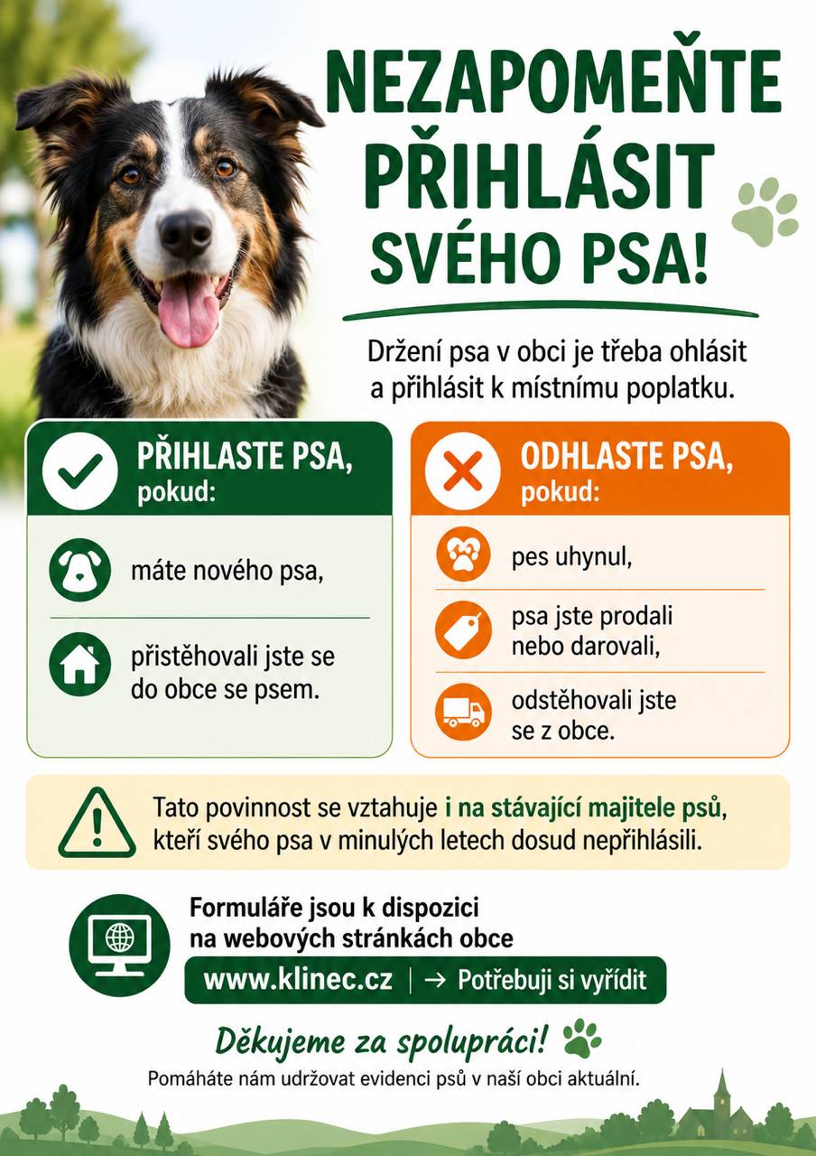 Vážení občané, Dovolte nám, abychom Vám připomněli povinnost přihlásit nebo naopak odhlásit psa k místnímu poplatku.  Děkujeme za spolupráci