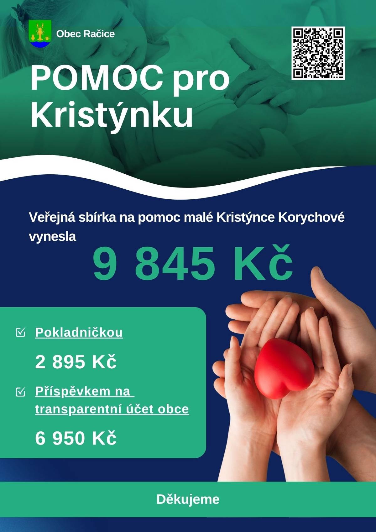 V době od 7. 5. do 1. 6. 2026 probíhala veřejná sbírka Pomoc pro Kristýnku. Dárci své příspěvky věnovali do pokladničky nebo na transparentní účet obce Račice. Celkový výtěžek sbírky činil 9 845 Kč. Tato částka byla na základě Darovací smlouvy předána rodině malé Kristýnky. Děkujeme všem dárcům za jejich srdce na dlani❤️.